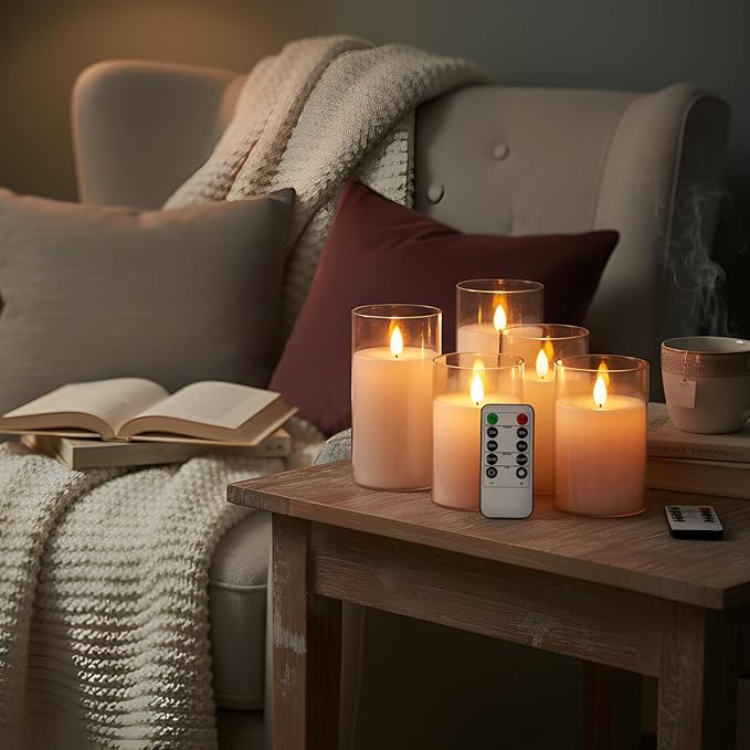 NICEME Pure White Flickering Flameless Candles, Battery Operated Acrylic LED Pillar Candles with Remote Control and Timer, Set of 5