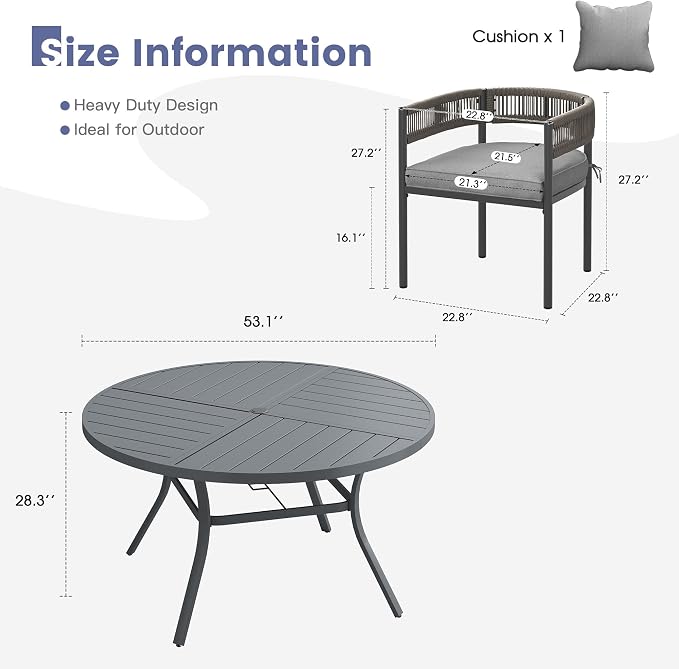 VICLLAX Patio Dining Set, 53.1" Dark Grey Table & 6 Chairs with Grey Cushion