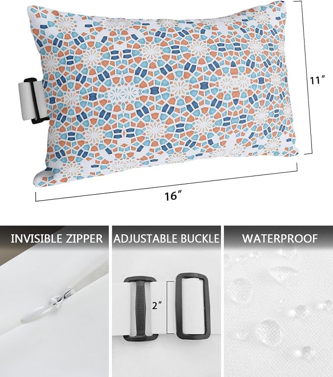 Outdoor Pillows Covers with Inserts Abstract Geometric Teal Orange Gradient China Waterproof Recliner Pillow with Adjustable Strap Throw Pillows for Patio Furniture Pool Lounge Chair, 11x16 inch, 1PCS