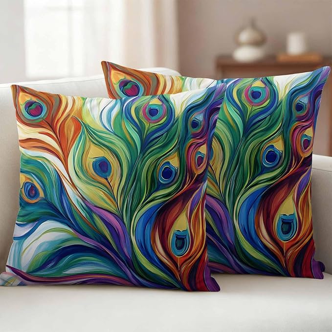 Colorful Peacock Feathers Outdoor Pillow Covers 18x18 Inch Throw Pillow Covers Set of 2 Waterproof Decorative Pillow Cases Oil Painting Abstract Art Cushion Covers for Patio Furniture Garden Couch