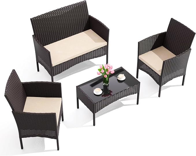 Gotland 4 Pieces Patio Furniture Set, Wicker Outdoor Furniture with 2 Chairs 1 Loveseat 1 Glass Coffee Table, Weather-Resistan Patio Set with Cushions, for Backyard Pool Porch Khaki