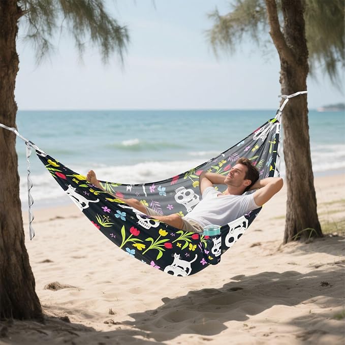 Camping Hammock Outdoor Hammocks for Outside Skull Cat Tulip Flower Beach Trees Portable Lightweight with Pockets Tree Straps Indoor