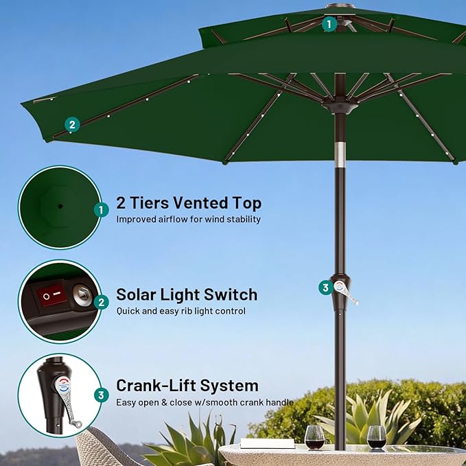 AreShark 9ft 2 Tiers Patio Umbrella with Solar Lights, Outdoor Umbrella w/ 32 LED Lights&8 Sturdy Ribs, Table Umbrella for Deck, Backyard, Pool(Dark Green)
