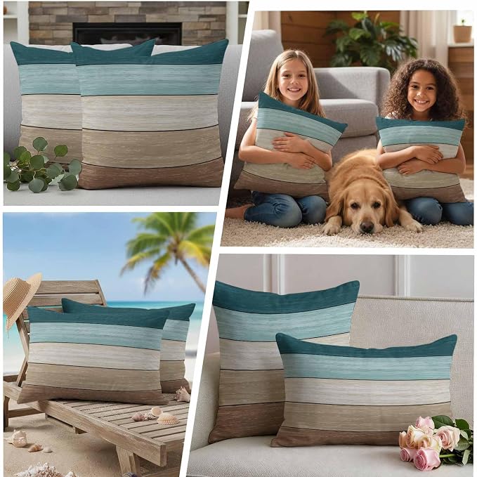 Vandarllin Outdoor Throw Pillow Covers 12X20 Set of 2 Waterproof Teal Blue Brown Decorative Zippered Cushion Covers for Patio Furniture, Farmhouse Retro Rustic Barn Wood Texture Lumbar Pillowcases