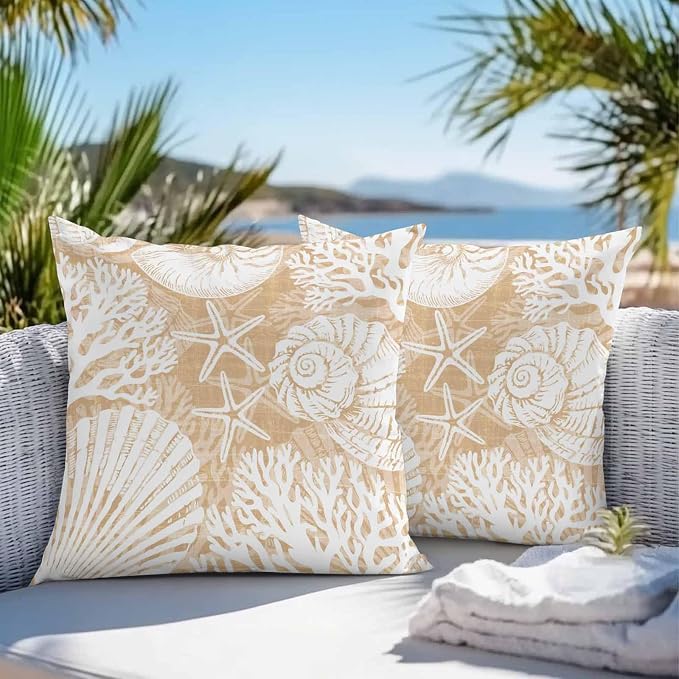 Outdoor Pillow Covers 18x18 Inch Set of 2, Light Brown Starfish Coastal Waterproof Throw Pillow Covers, Summer Coral Shell Beach Nautical Decorative Cushion Pillowcases for Couch Sofa Bed Garden Patio