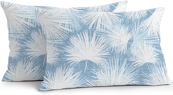 Lumbar Pillow Covers 20x12 Inch Set of 2, Sky Blue Palm Leaves Coastal Waterproof Outdoor Pillow Covers, Summer Tropical Botanical Decorative Cushion Pillowcases for Couch, Sofa, Bed, Garden, Patio