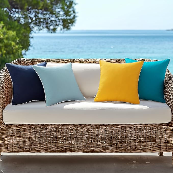 MIULEE Outdoor Waterproof Pillow Covers 20x20 Blue Pack of 2 | Decorative Farmhouse Throw Pillow Covers with Piping,Square Solid Color,Patio Furniture,Summer Couch Tent Sofa Living Room