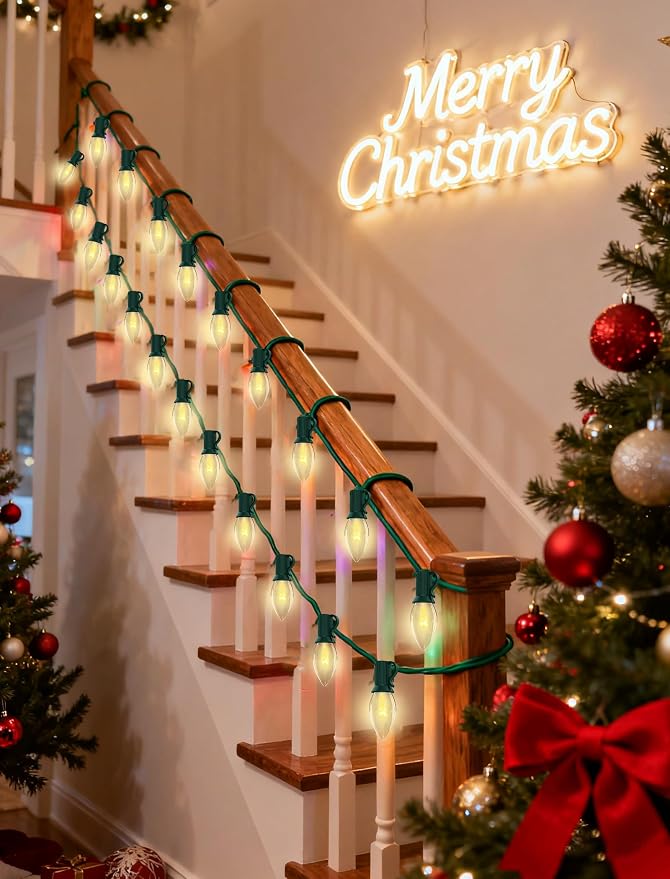 C7 Clear Christmas String Lights, 26Ft Vintage Christmas Decoration with 27 5W Clear Glass Incandescent Bulbs, Hanging Outdoor String Lights for Holiday Party Patio Roofline Wedding Xmas Decor
