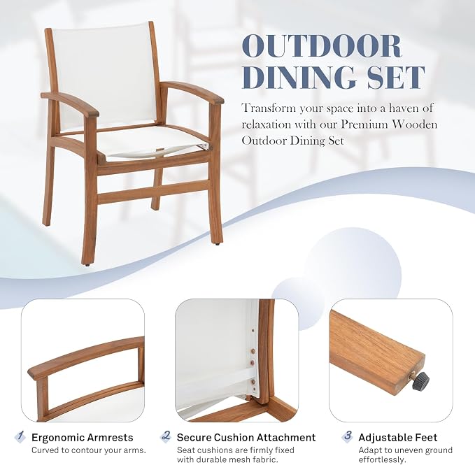 OC Orange-Casual Patio Furniture Set, Acacia Wood Patio Dining Set for 6-8, Outdoor Expandable Table and Chairs Set with Umbrella Hole and Breathable Textilene Fabric for Garden (White, 7 Pieces)