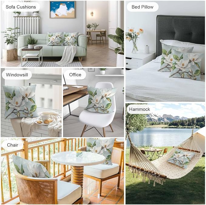 Waterproof Pillow Covers for Couch Throw Pillow Cases Set of 2, Farmhouse White Magnolia Flower Decorative Cushion Pillow Covers 18x18In,Indoor Outdoor Decoration Abstract Floral Oil Painting Texture