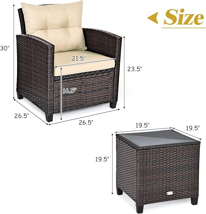 Tangkula 3 Pieces Patio Furniture Set, PE Rattan Wicker 3 Pcs Outdoor Sofa Set w/Washable Cushion and Tempered Glass Tabletop, Conversation Furniture for Garden Poolside Balcony (Beige)