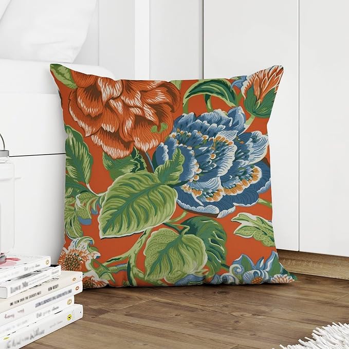 Blue Floral Chinoiserie on Orange Throw Pillow Covers Peony Chic Asian Throw Pillow Cover Abstract Outdoor Waterproof Decorative Pillow Cover for Couch Sofa Bedroom Car 22x22 in