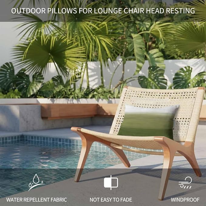 Sage Green Ombre Outdoor Pillows for Chaise Lounge Chair Waterproof Lumbar Pillows with Insert&Adjustable Elastic Strap Beach Headrest Pillow Modern Abstract Art Texture Neck Pillow for Pool 11"x16"