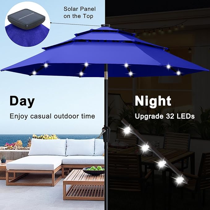 ABCCANOPY 10FT Solar Led Patio Umbrella 3-Tiers(Blue)