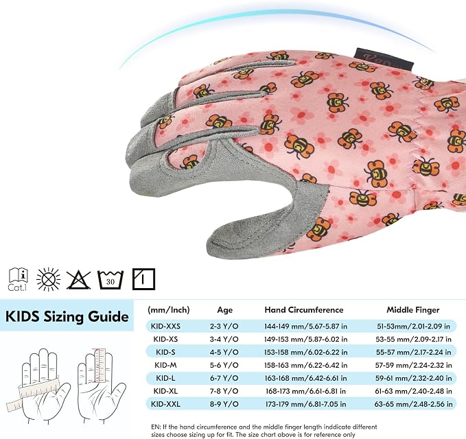 Vgo... 1-Pair Age 5-6 Kids Gardening Gloves,Children Yard Work Gloves,Toddlers,Boys,Girls (Size M, Pink Bee, KID-MF7362)