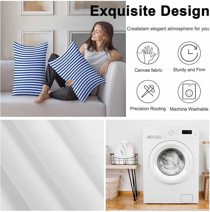 Lumbar Pillow Covers 20x12 Inch Set of 2, Navy Blue Stripe Waterproof Outdoor Cushion Covers, Modern White Vertical Striped Geometric Decorative Pillowcases for Couch, Sofa, Bed, Garden, Patio