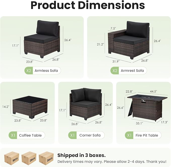 Soohow 7-Piece Patio Furniture Set with 44" Fire Pit Table, Outdoor Sectional Wicker Rattan Conversation Set for Garden, Porch, Backyard - Black Cushions