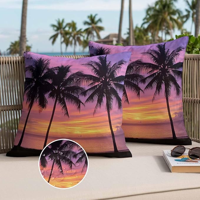 Ocean Sunset Waterproof Outdoor Pillow Covers Set of 2 Home Decor, Summer Seashore Palm Tree Gradient Sky Pillowcase Patio Pillow Covers for Couch Bench Furniture Garden 26x26in