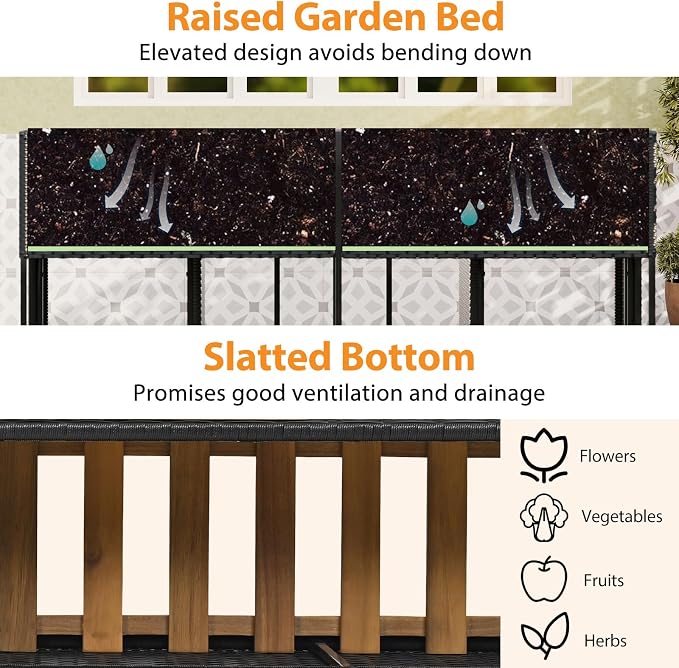 Moccha Patio Furniture Set with Raised Garden Bed - Rattan Outdoor Conversation Set with Bottom Storage, Acacia Wood Seating and Flower Box Set, Garden Planter Table with Chairs for Porch Yard Deck