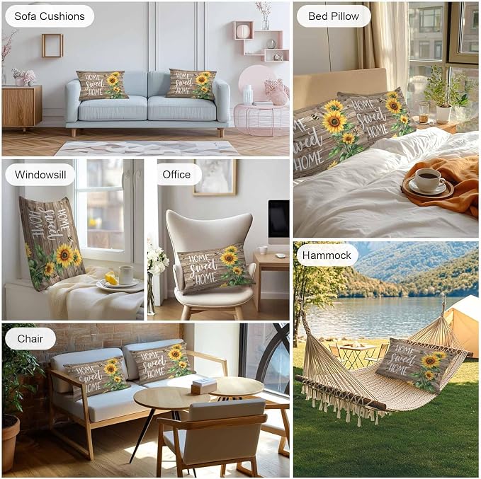 Lumbar Pillow Covers 20x12 Inch Set of 2, Sunflower Brown Waterproof Outdoor Pillow Covers, Farmhouse Bee Country Wooden Grain Decorative Cushion Pillowcases for Couch, Sofa, Bed, Garden, Patio