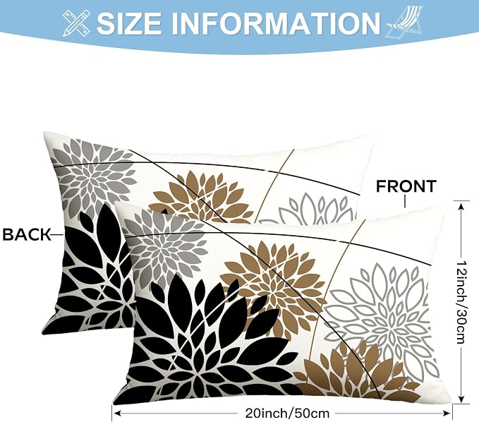 OTOSTAR Outdoor Black Brown Pillow Covers 12x20 Inch Set of 2 Light Brown Flower Throw Pillows Farmhouse Geometric Dahlia Floral Lumbar Cushion Case Waterproof Decor for Sofa Patio Funiture Garden