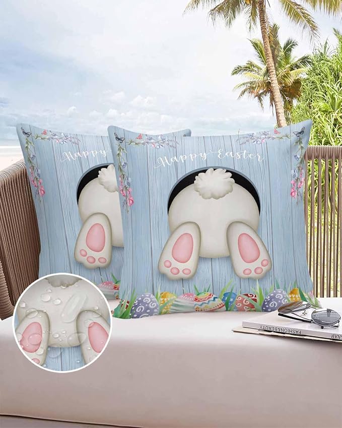 Vandarllin Outdoor Throw Pillows Covers 16X16 Set of 2 Waterproof Bunny Butt Easter Eggs Decorative Zippered Lumbar Cushion Covers for Patio Furniture, Spring Flower Wood Grain