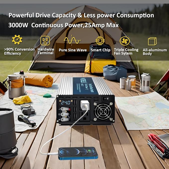 WZRELB 3000W Pure Sine Wave Inverter 24V DC to 110V 120V AC with LED Display,Remote Controller,Off-Grid Power Converter 6000W Surge with Dual AC Outlets, Hardwire Terminal for Home, RV, Truck, Camping