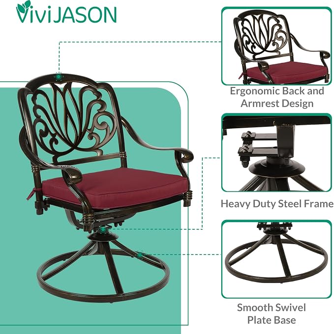 VIVIJASON 9-Piece Outdoor Dining Set, Cast Aluminum Patio Furniture Table & Chairs Set for 8, Include 94.5" Rectangular Table, 2 Swivel Rockers, 6 Stationary Chairs, Umbrella Hole, Red Cushion