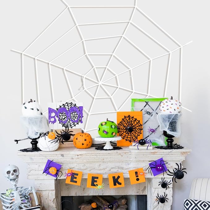 3 FT Spider Web Halloween Decorations - Realistic White Spider String Rope Props, Round Fake Spider Web Elastic Belt for Spooky Haunted House Window Decor, Trick-or-Treat, Indoor Outdoor Party Favors