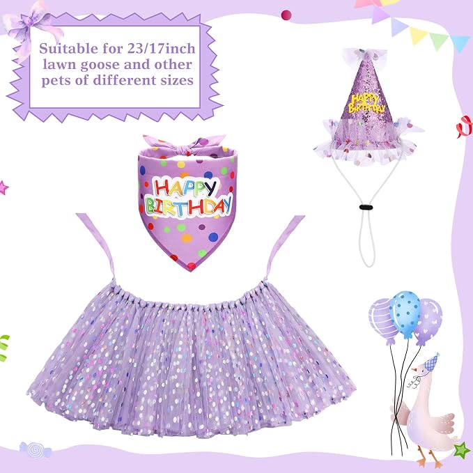 3 Pcs Porch Goose Birthday Outfit Girl Cement Goose Clothes,Purple | 23 Inch Porch Goose Outfits Happy Birthday, Porch Goose Outfits Princess, Happy Birthday Hat and Tutu Skirt Bandana