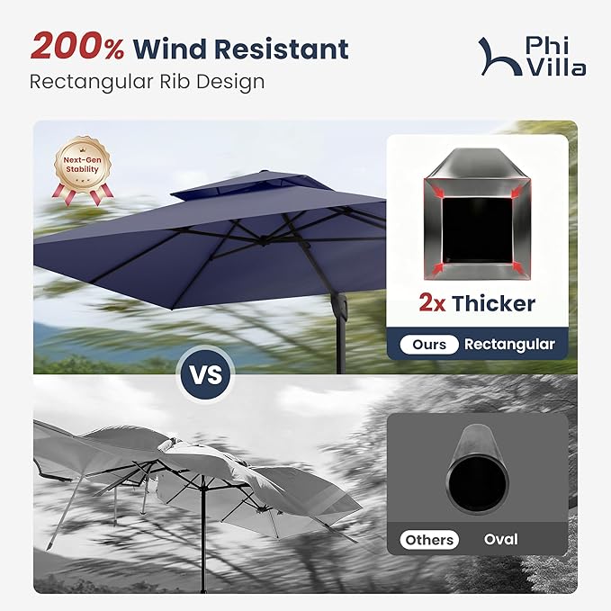 PHI VILLA 9x12 Cantilever Patio Umbrella with Base, Double Top Large Rectangular Umbrella, Heavy Duty 360° Rotation Hydraulic Outdoor Sun Umbrella Windproof for Pool, Garden, Navy Blue