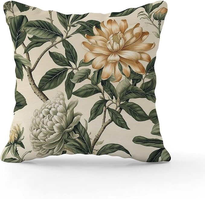 Green and White Chinoiserie Floral Pillow Cover Golden Lotus Flower Throw Pillow Cover Classic Decorative Cushion Cases Home Decor for Couch Sofa Bedroom Car 24x24 in