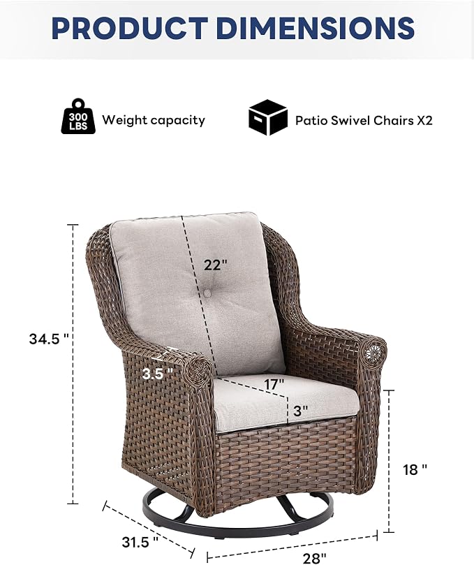 Patio Swivel Chairs Set of 2-High Back Swivel Rocker Outdoor Chair Patio Chair for Deck Porch Lawn Garden Backyard-Brown/Beige
