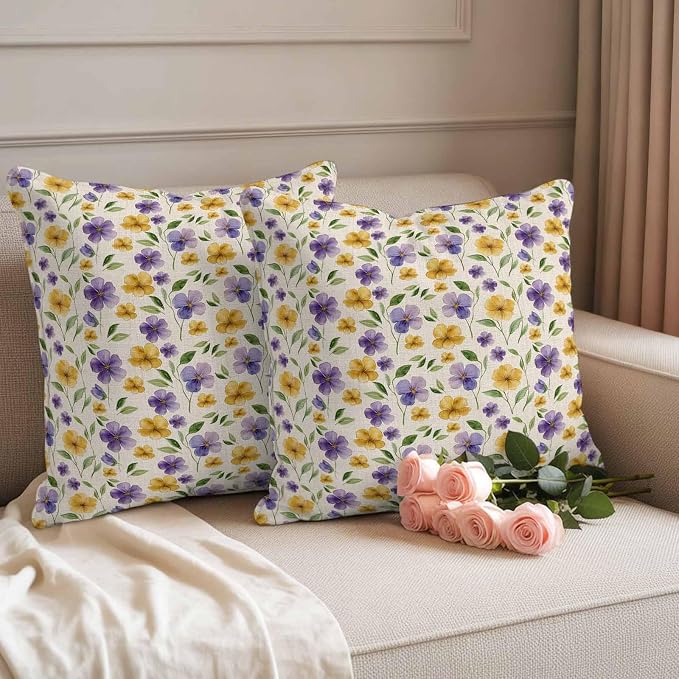 Purple Yellow Flower Outdoor Pillow Covers Set of 2 Spring Green Leaf Watercolor Floral Farm Waterproof Throw Pillow Cover Decorative Cushion Cases for Patio Porch Garden 16X16 Inch