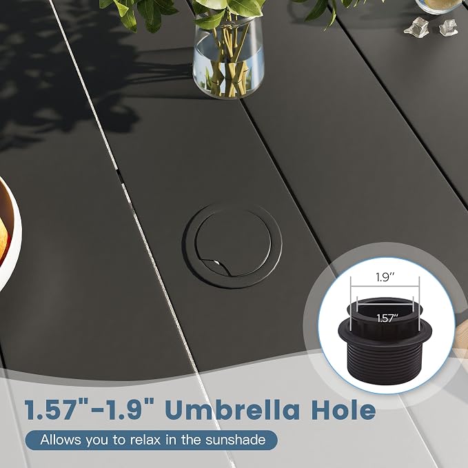 DIFY Outdoor Dining Set for 8, Patio Dining Furniture Set Includes 53" Black Round Table with Adjustable Umbrella Hole and 8 Brown Stackable Metal Chairs for Poolside, Garden, Backyard