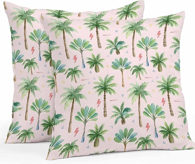 Yukro Tropical Palm Tree Outdoor Waterproof Pillow Covers Pack of 2, Lightning Summer Forest Pink Boho Throw Pillowcases Decorative Cushion Covers for Garden Patio Tent Sofa Couch, 24x24 inch