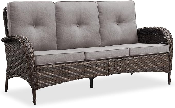 Belord Outdoor Patio Furniture - Wicker Sofa with Removable Cushion, 3 Seater Rattan Couch with Deep Seat, High Backrest, All-Weather for Balcony, Deck, Backyard, Brown/Grey