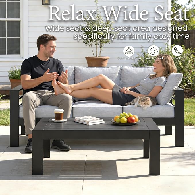 LayinSun Outdoor Aluminum Furniture Set, 4 Pieces Patio Sectional Conversation Chat Sofa Modern Seating Set with Coffee Table