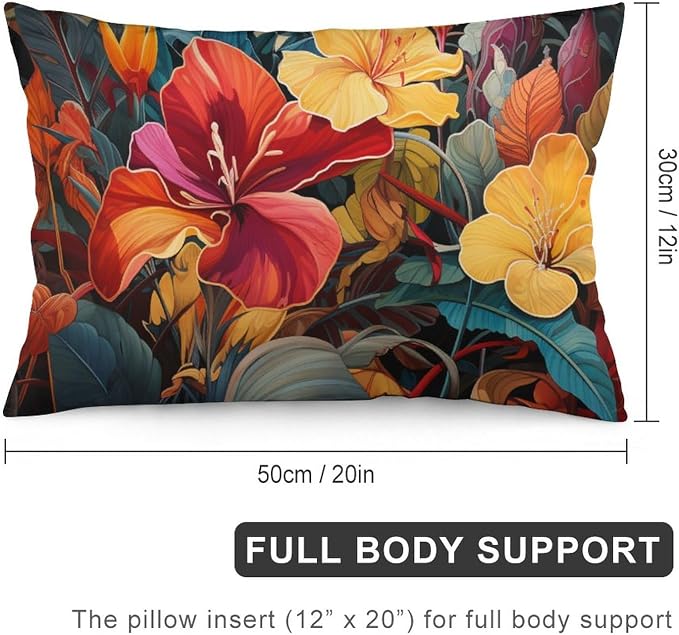 Pillow Protector Tropical Flower Printed with Colorful Leaves Throw Pillow Cases 12 "x20 " Tropical Red Hibiscus Flower Throw Pillow Covers Zipper Pillowcase for Home Bed Sofa Living Room Decorative