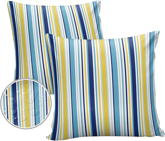 Blue Yellow Striped Outdoor Waterproof Pillow Covers, Farmhouse Navy Blue Ombre Stripes Decorative Square Throw Pillowcase Sofa Cushion Sham for Patio/Couch/Chair, 26"x26" 2 Pack