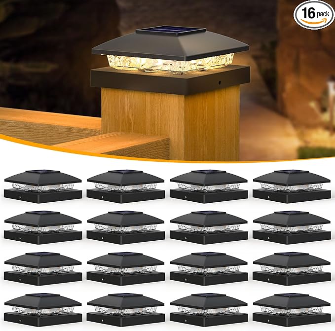 APONUO Solar Post Cap Lights for 4x4 Posts - IP64 Waterproof, 3000K LED, No-Wire Fence Lights & Deck Lights for Patio Garden Yard Patio, Black-Warm White, 16 Pack