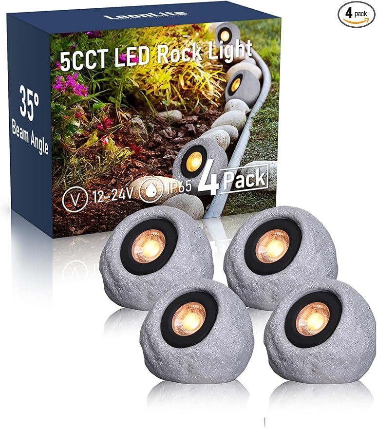 LEONLITE 5CCT LED Rock Lights Outdoor, 5W Low Voltage Landscape Spot Light for Garden, Yard, Decorative Stone Light, 12-24V AC/DC, CRI90, 200lm, IP65 Waterproof, Round, Light Gray, Pack of 4