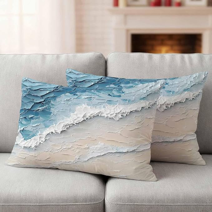 Outdoor Pillow Covers Set of 2, Abstract Ocean Scene Oil Painting Art Decorative Throw Pillow Covers 20X12IN, Natural Sea Wave Beach Throw Pillows Protector Cushion Case for Patio,Couch,Sofa,Garden
