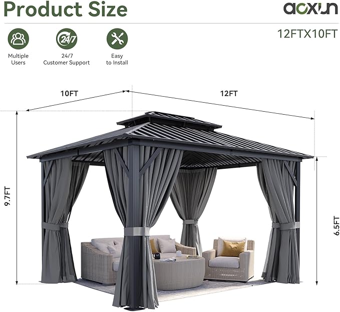 Aoxun 10Ft X 12Ft Hardtop Gazebo, Aluminum Metal Outdoor Gazebo with Breathable Netting and Curtains, Galvanized Steel Double Top, Permanent Patio Pavilion for Backyard, Wedding, Party