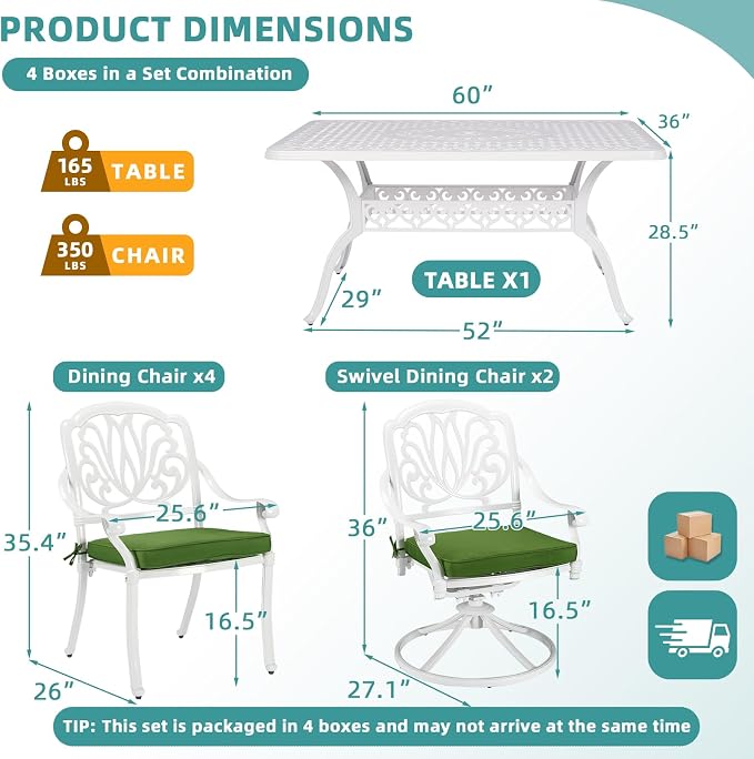 MEETWARM 7-Piece Outdoor Patio Dining Set, All-Weather Cast Aluminum Patio Conversation Set with 2 Swivel Rocker Chairs, 4 Stationary, 1 Rectangular Table, 6 Cushions, 2" Umbrella Hole, White