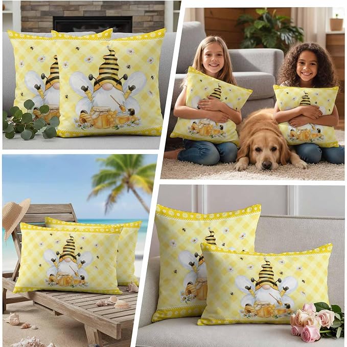 Yukro Honey Gnome Outdoor Waterproof Pillow Covers Pack of 2, Watercolor Honey Bees Floral Yellow Plaid Decorative Throw Pillowcases Cushion Covers for Garden Patio Tent Sofa Couch, 20x20 inch