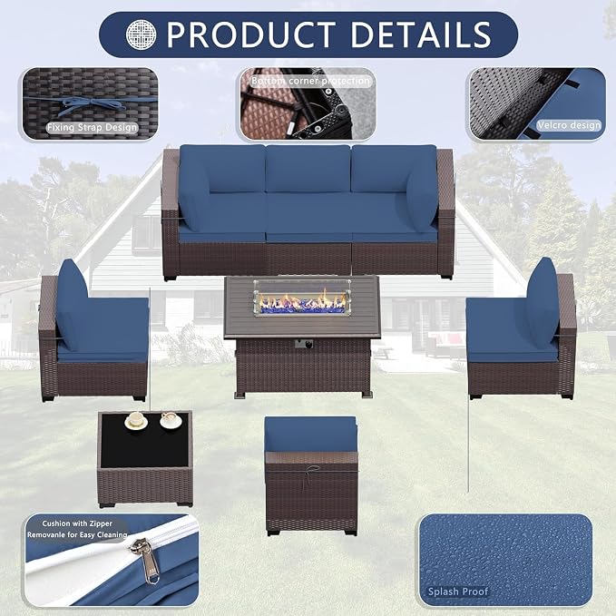 11 Pieces Patio Furniture Set with 2 Swivel Chairs Patio Furniture Outdoor Sectional Sofas with 55000 Gas Fire Pit Patio Conversation Set w/7 Cushions