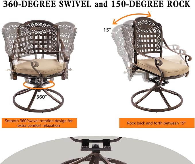 TITIMO 5-Piece Cast Aluminum Outdoor Patio Dining Set, 4 Pattern Chairs and Table,Cast Aluminum Conversation Set with 2.2” Umbrella Hole (Mesh Back Khaki Cushion, 1 Round Table + 4 Swivel Chairs)