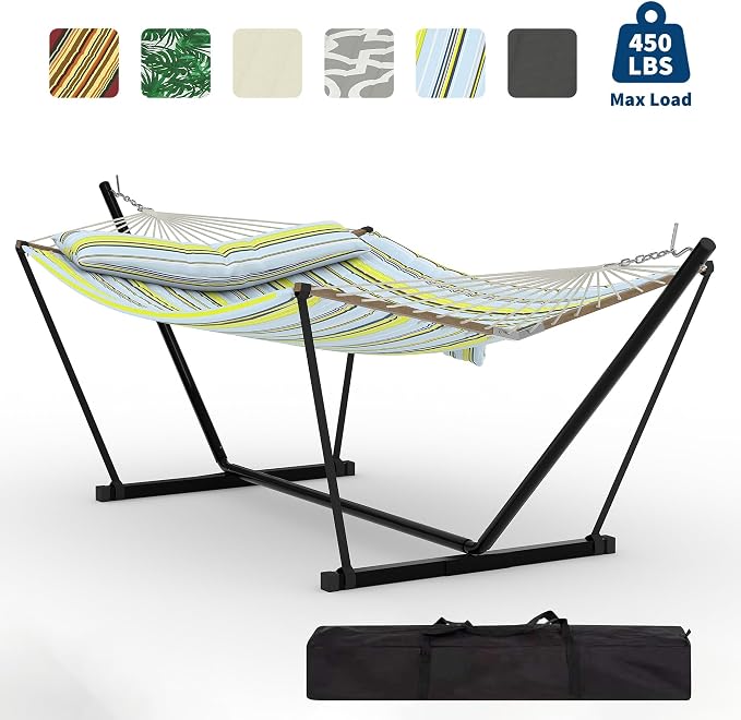 Double Hammocks with Stand for Outside, Heavy Duty Portable Outdoor Hammock with Carrying Bag & Soft Pillow & Paded, 450 LBS Weight Capacity, Perfect for Outdoor Indoor Patio Backyard Garden