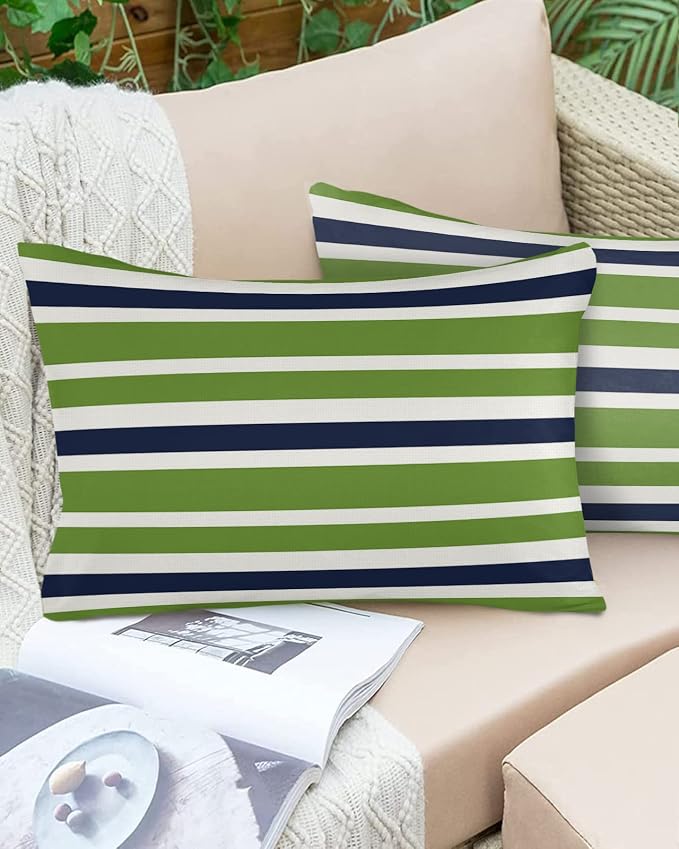 Outdoor Waterproof Pillow Covers for Patio Furniture Navy Blue Green Stripes Decorative Throw Pillow Cover Lime Green Stripes Pillowcases Set of 2 Cushion Case for Sofa Couch Chair 20 x 12 Inches